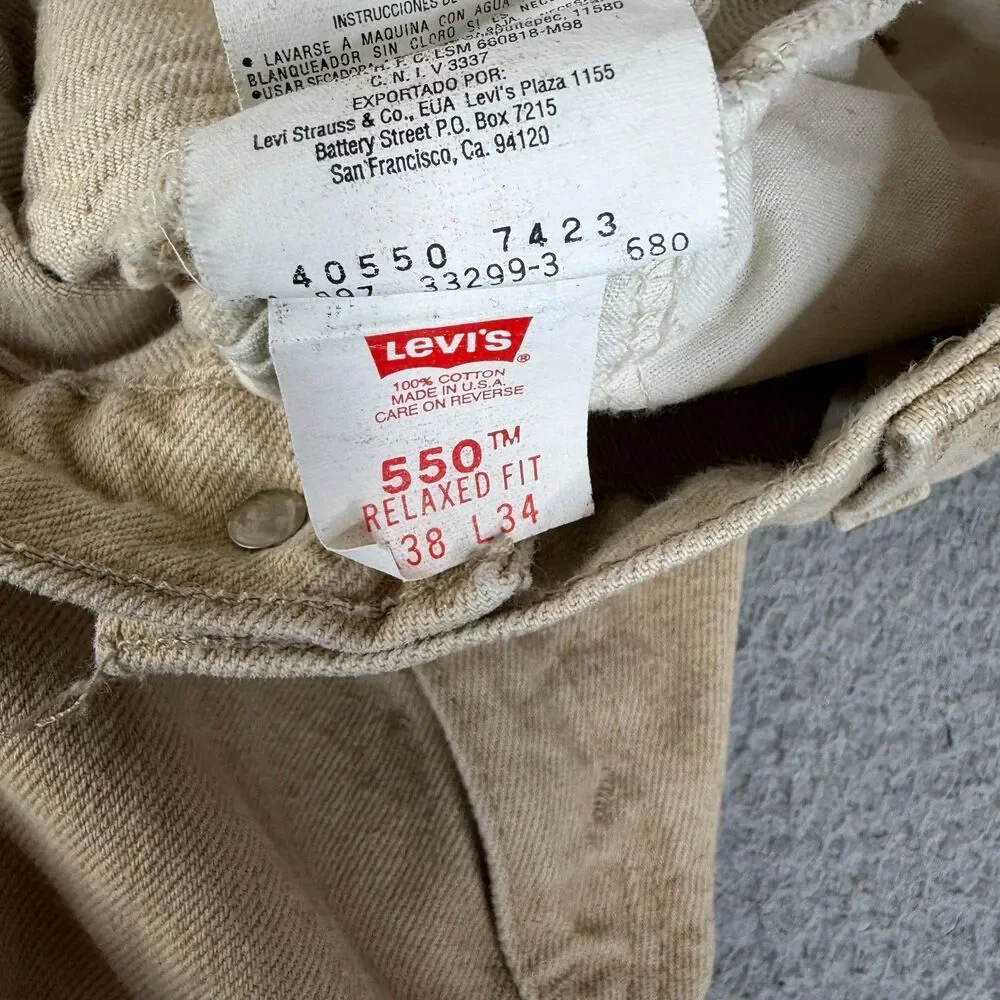 VINTAGE LEVI'S 550 Jeans Mens 38x34 Beige Orange Tab Made USA Pants Streetwear